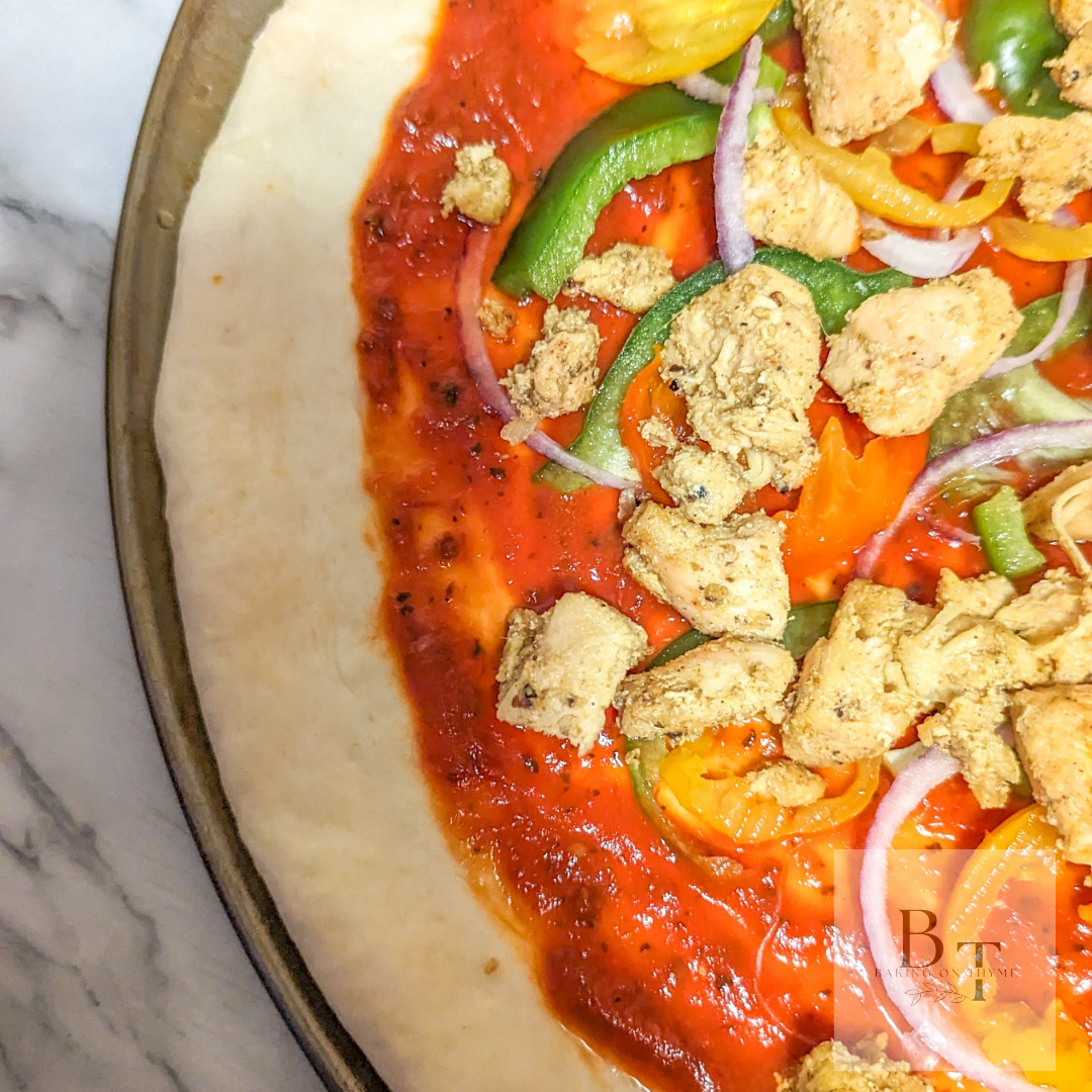 homemade chicken pizza with vegetables