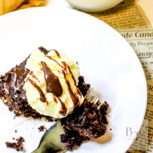 Decadent chocolate brownies with ice cream on top