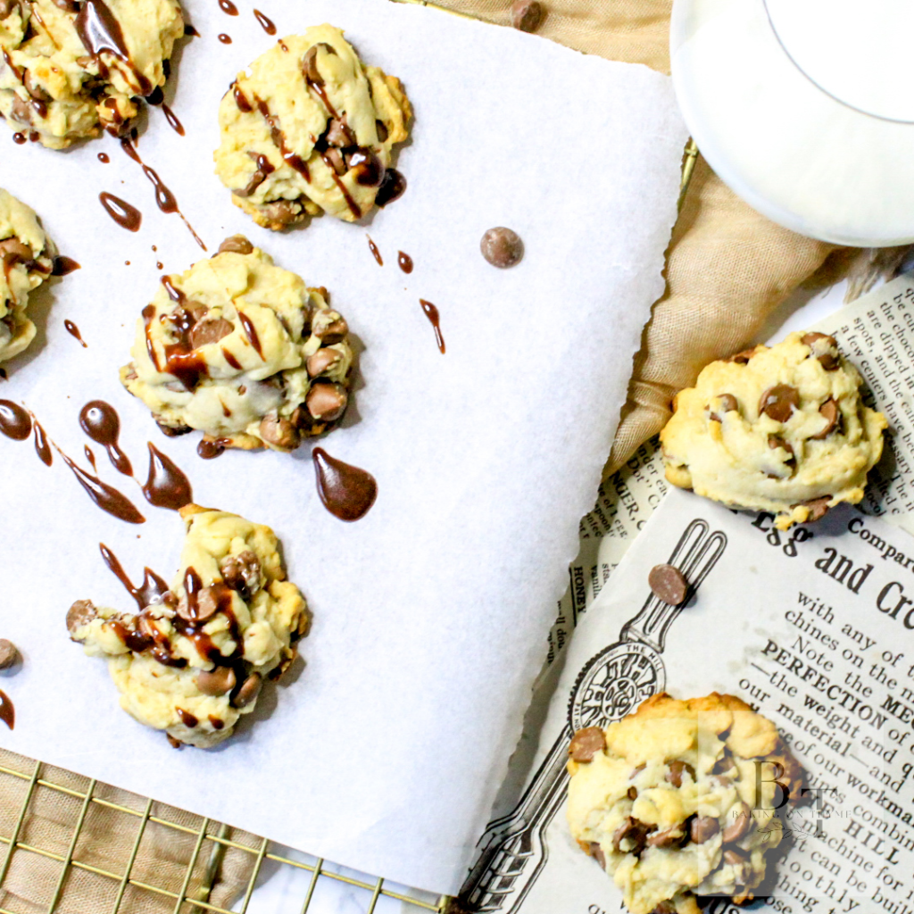 chocolate chip cookies with a glass of milk