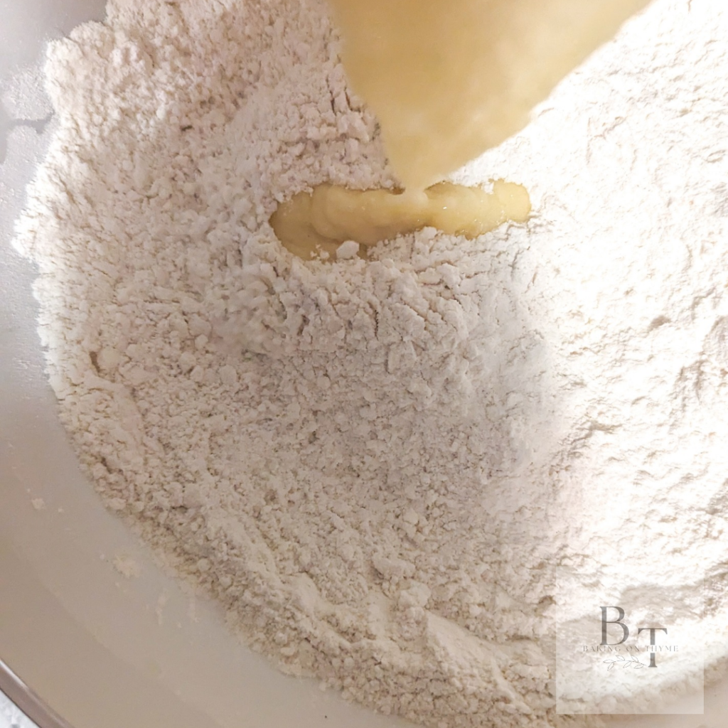 flour and wet ingredients for cookie batter