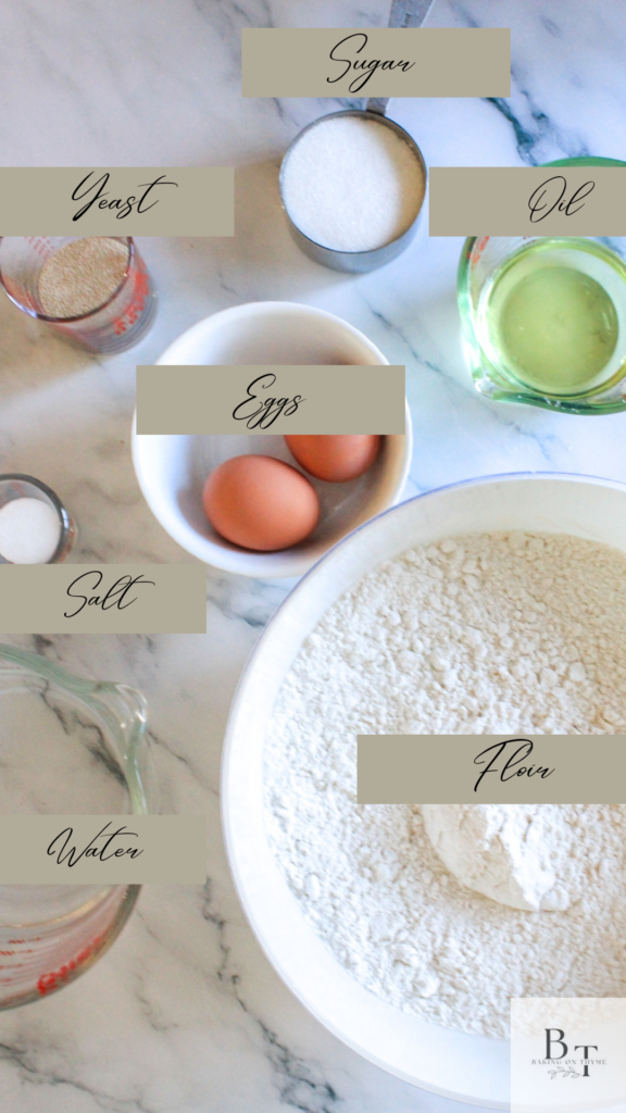 ingredients for hamburger buns - flour, salt, eggs, yeast, oil, water