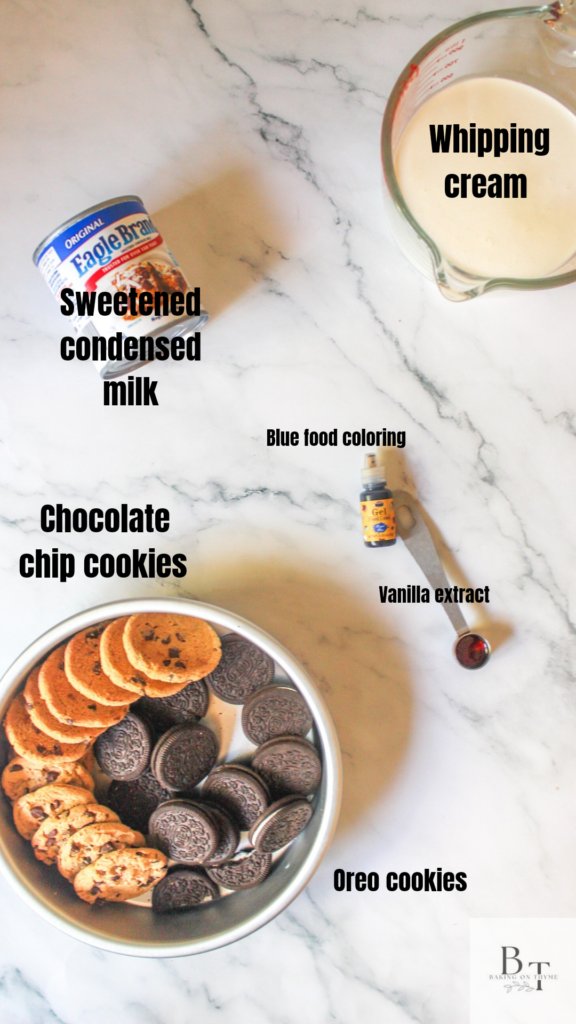 ingredients for - Homemade cookie monster ice cream.