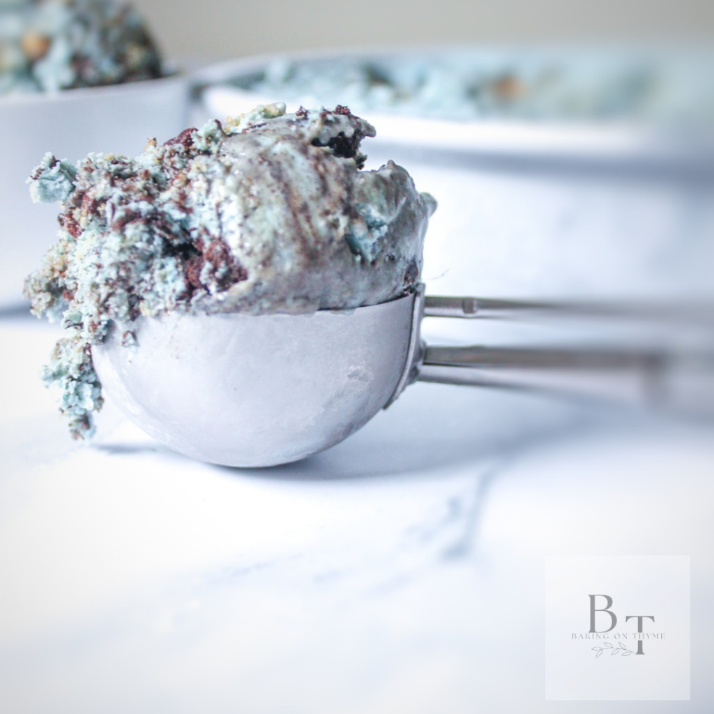 Homemade Cookie Monster Ice Cream - in an ice cream scoop - cold treat - summer treat