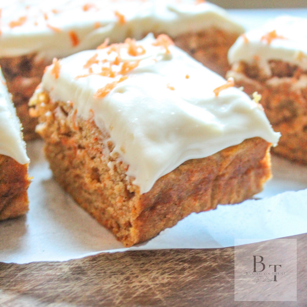 Small Batch Carrot Sheet Cake - one slice cut into square