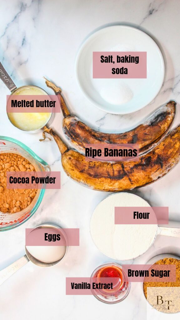 Homemade Chocolate Banana Muffin ingredients - bananas, butter, cocoa powder, flour, eggs, vanilla extract, brown sugar