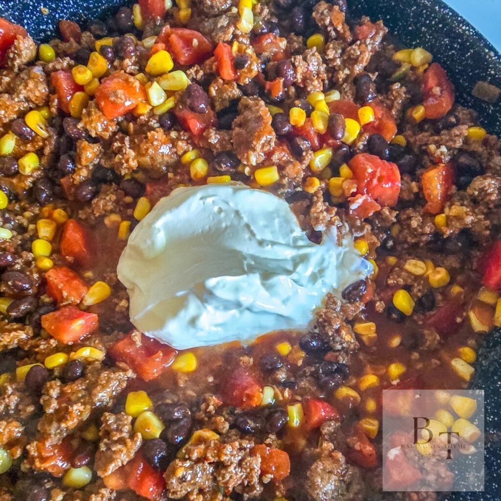 Homemade Cheesy Taco Pasta Bake -s our cream