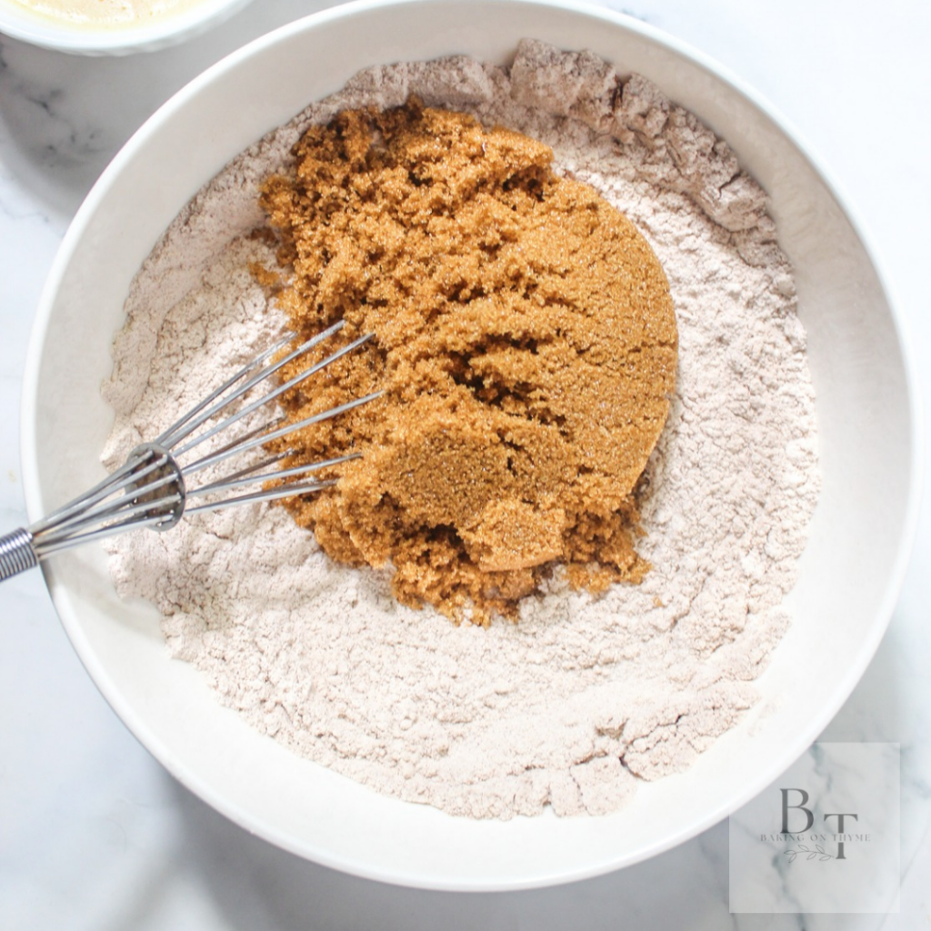 brown sugar and flower - dry ingredients for Classic Carrot Bundt Cake with Cream Cheese Frosting